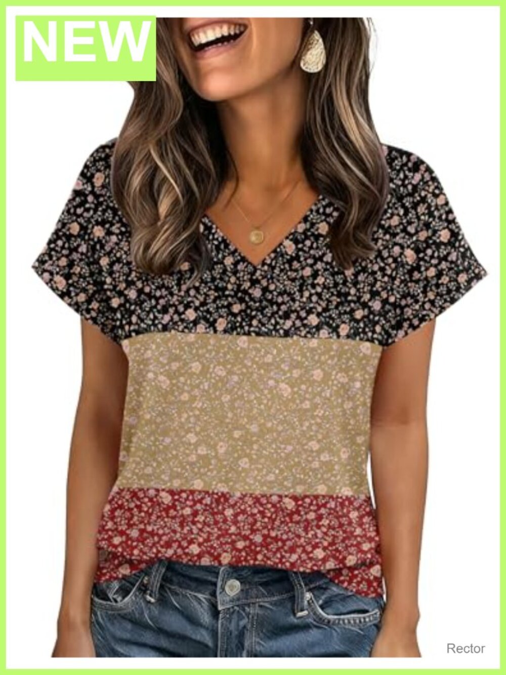 Zeagoo Womens Floral V-Neck Rolled Short Sleeve T-Shirt Tunic Top